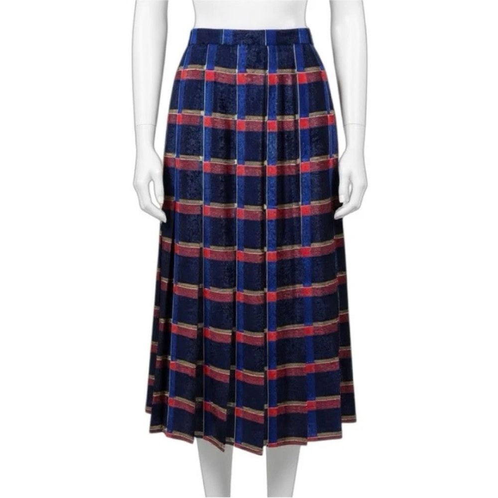 Vintage Le Truc Metallic Jacquard Plaid Pleated Midi Skirt Blue Red EUR 40 US 8